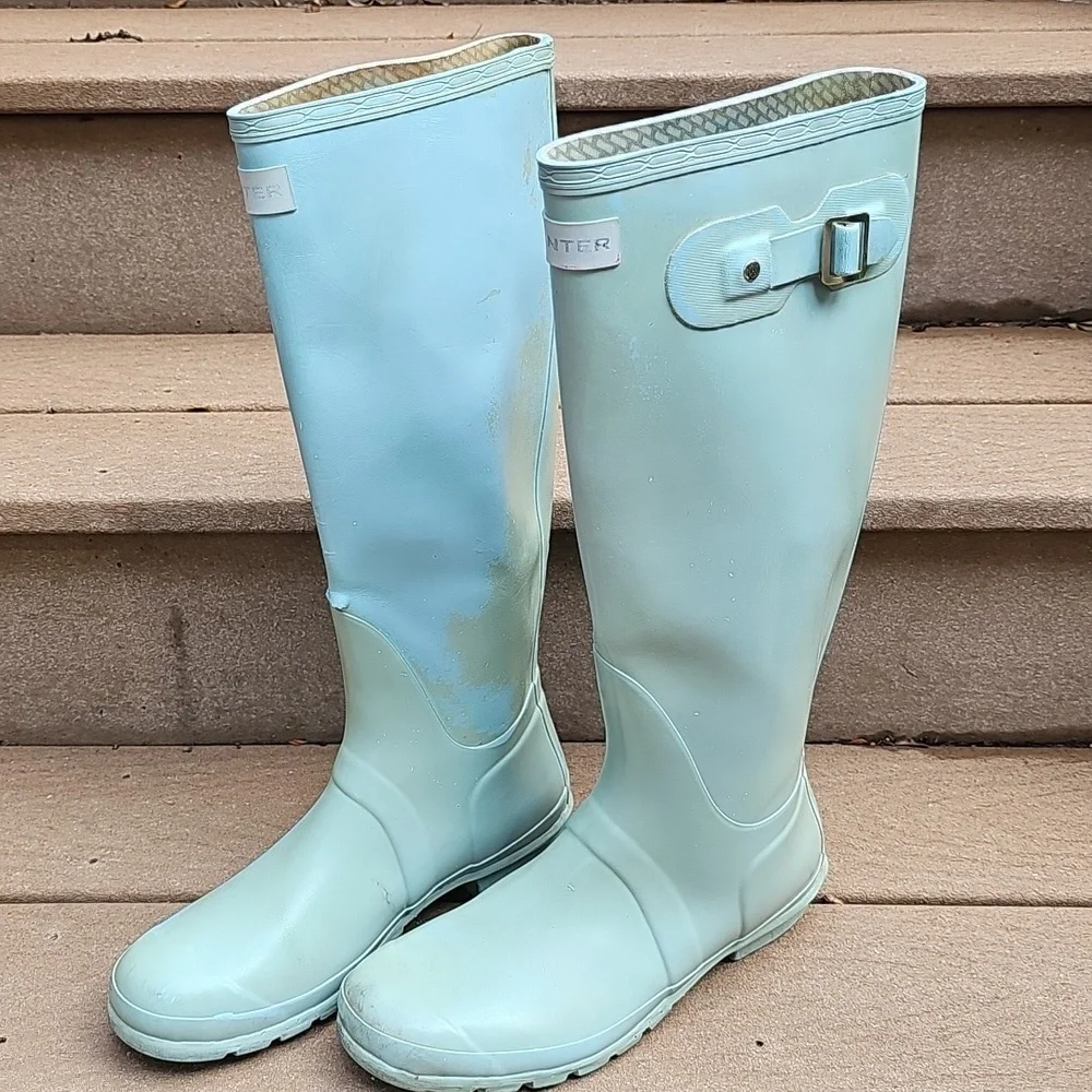 Hunter Original Gloss Tall Boots light blue well used worn with FLAWS SEE PHOTOS
